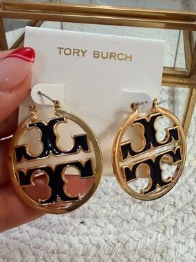 Tory Burch Miller Gold with black enamel hoop earring - New